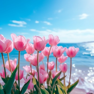 粉红色郁金香与蓝色大海的梦幻4K摄影