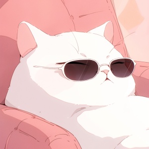 纯色背景，白色的猫躺在淡粉色的沙发上，显得慵懒惬意，戴着粉色墨镜，插画风格，宫崎骏治愈系色彩，猫咪特写镜头，可爱的猫咪，猫咪毛发微风吹动，8K，HD，高清，