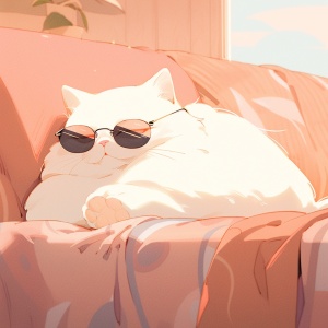 纯色背景，白色的猫躺在沙发上，显得慵懒惬意，戴着粉色墨镜，宫崎骏治愈系色彩，猫咪特写镜头，可爱的猫咪，猫咪毛发微风吹动，32K，HD，超高清，毛发刻画细致插画