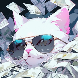 白色猫咪头部特写，戴着墨镜，墨镜里显示美元，32K，超高清，赛博朋克风，炫酷
