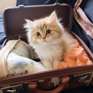主人和可爱小猫之间的行李箱拉扯游戏