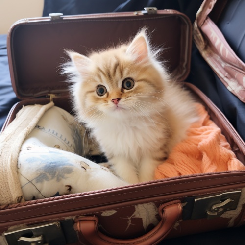在主人收拾行李的时候，小猫喜欢窝在行李箱里，这给主人带来了不少的困扰。每一次主人要收拾完行李，把行李箱合上的时候，小猫总是会顽皮地跑进行李箱里，让主人不得不再次把它抱出来。一开始，主人会轻轻地抱起小猫，温柔地抚摸它的头，试图安抚它的情绪。但是小猫似乎并不领情，它的小爪子不停地挥舞，试图挣脱主人的怀抱。每当这时，主人的脸上总会浮现出一丝无奈的微笑，她知道这只小猫总是有自己的小脾气。在拉扯的过程中，小猫时而蹦跶出来，时而跑回行李箱里，就像是在和主人玩一场有趣的捉迷藏。有时，小猫还会用它的小爪子扒拉主人的手，仿佛在撒娇，请求再让它待一会儿。然而主人只能忍痛把小猫从行李箱中抱出来，继续收拾行李。随着时间的推移，主人已经习惯了和小猫的拉扯游戏。