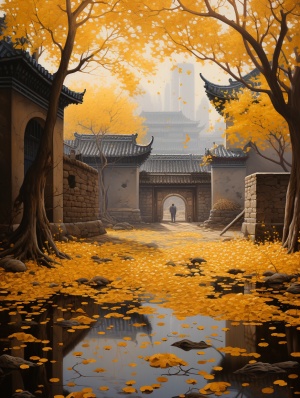中国古代风格建筑围墙院中的黄叶银杏树