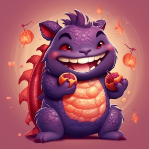 一只可爱胖胖的卡通紫色小龙，手里拿者糖葫芦，哈哈的笑。背景为红色新年国风背景。