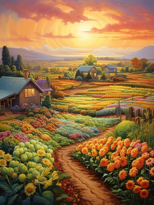 夕阳，农田菜园子，房屋，各种颜色的花