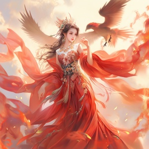 中国仙女，凤凰身形，容貌惊艳，身条妖娆，服装飘逸潇洒，神话故事，照片风格，超高清画质。