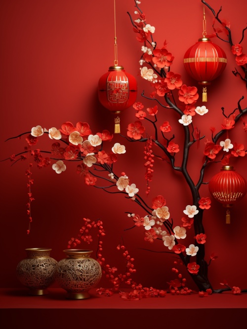 红色背景，中国元宵节，灯笼，花枝，剪纸，金色鎏金，极简主义，禅宗风格