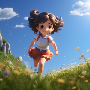 阳光下灿烂笑容的小女孩在草地上奔跑
