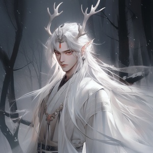 中国古代风格的银发男子在朦胧月色森林中的超高清3D艺术正面像