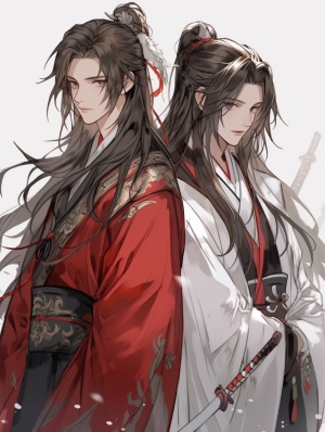中国古代明代风格，一个白衣男子束发和一个红衣男子披发，两人皆是面容俊朗，明眸皓齿