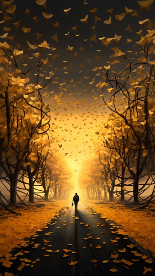 漫步佳人走在漫天飞舞着银杏叶银杏树林中的路上看到了晚霞余晖