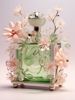 Delicate Small Perfume Bottle Surrounded by Glass Flowers