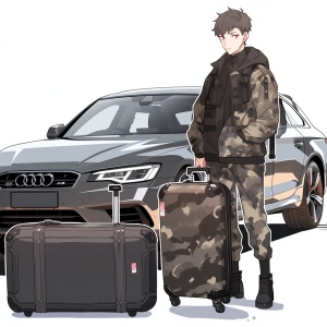 年轻帅哥在黑色奥迪A6上带着陈旧迷彩装行李箱在机场军路旅行