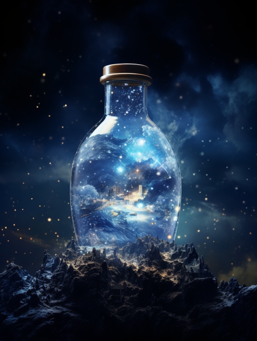 星空，乌黑的夜幕下，壮丽的银河在宇宙中绽放；一只透明的玻璃瓶，闪烁着微弱的光芒，容纳着无尽的宇宙奥秘。