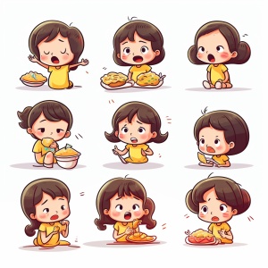 简约艺术插图：九个姿势和表情的小女孩与零食