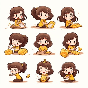 简约艺术插图：九个姿势和表情的小女孩与零食