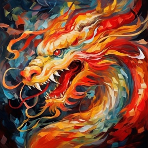 中国龙，过生日，毕加索油画风格，龙温柔善良，全部效果中国红