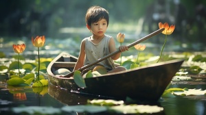 古代池塘上的小男孩与莲花