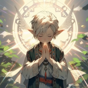 正在祈祷的小男孩半精灵，背后有着光环