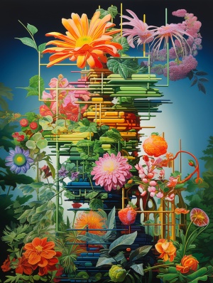 复古风格的超细节细密堆叠的植物油画背景画