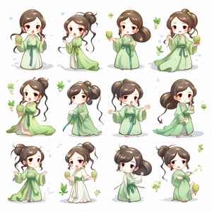 小女孩，浅绿色汉服，古典精致，全身图，chibi,9种 姿势和表情，emoticons［呆萌、高兴、生气、哭泣、悲伤、可爱、期待、大笑、失望和害羞、困倦、吃饭、头 晕、表达爱意，等］，线条艺术，贴纸艺术，白色背景