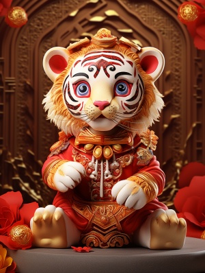 可爱的小老虎穿着春节红色衣服，出现在高清三维图像中