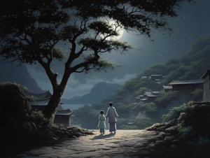 月色洒在山脚石径上，夜幕下，一位身着中国乡村当代汉服的农妇和女儿正静静地站于村头一大树下，黛眉轻蹙，盼望远方归来的丈夫。正面大半身像。