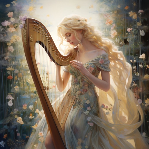 一幅油画，一位金发碧眼的女士拿着竖琴，以梦幻般的象征主义，照明的风景，精致的植物描绘，光谱，夸张的贵族，灯箱，复杂的服装的风格