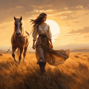 落日远山，茫茫草原上，牧马少女，拿着狗尾巴巴