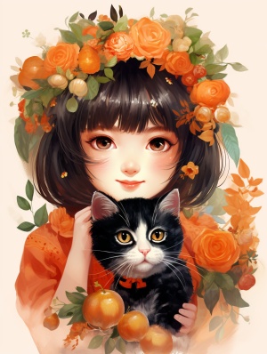 小女孩手捧橘猫的中国风笑容