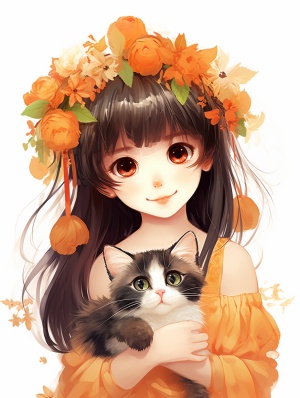 小女孩手捧橘猫的中国风笑容