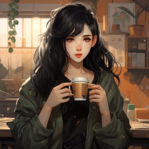 黑发动漫中国女孩手捧咖啡，治愈背景咖啡厅