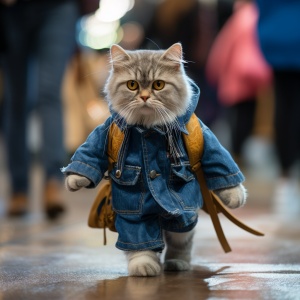 穿着牛仔外套的拟人化猫咪走秀