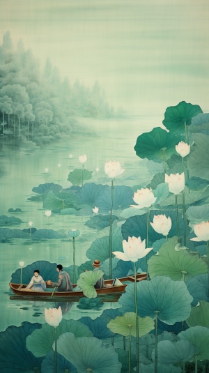 Chinese Ink Painting: Lotus Leafs and Boat on Sparkling Water