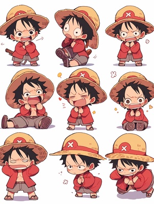 海贼王，One Piece，路飞，Monkey D. Luffy，chibi，Q版，全身，表情包，9个表情，开心，微笑，悲伤，严肃，表情符号表，各种姿势和表情，不同的情绪，各种poss和表情，8k，白色背景