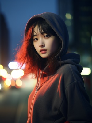 Street style photo of a Korean girl at twilight, low angle, glamour photography, 35mm lens, f1.8, natural lighting, global illumination no necklace, hoodie v 5.2 ar 3:4 s 100 fast