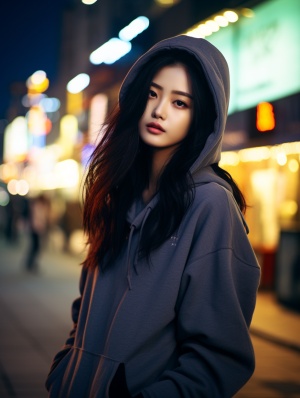 Street style photo of a Korean girl at twilight, low angle, glamour photography, 35mm lens, f1.8, natural lighting, global illumination no necklace, hoodie v 5.2 ar 3:4 s 100 fast