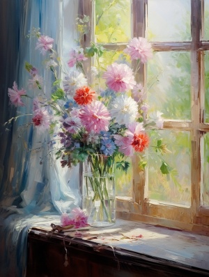 窗台上的静物花卉，唯美，浪漫