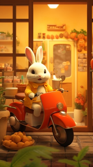 兔子骑电动摩托车，花园风景，咖啡漫画8K质量