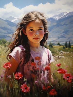 唯美乡村，小女孩的鲜花与远山