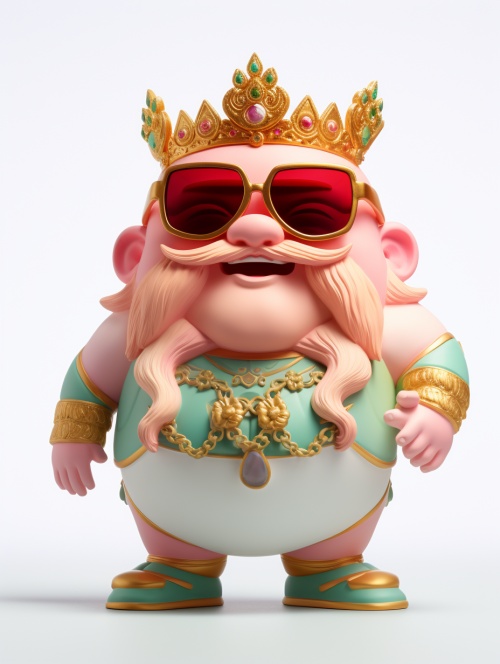 Ceramic, Pixar style, a festive Chinese cute God of Wealth wearing sunglasses, pink green gold, cartoon character, clean white background, 3D rendering, C4D ar 3:4 v 6.0