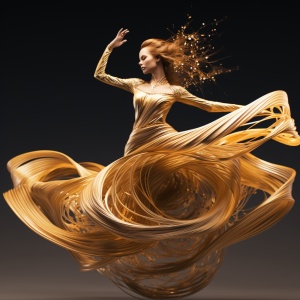 穿着金色礼服的女人：华丽复杂的线条和玻璃雕塑