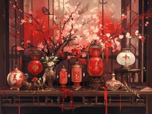 桌上有一个红花花瓶和相框，元宵节，张灯结彩，烟火人间，王琛，千叶雄大，中国鬼节，蔡徐坤，中式，梅花，日本插花，花瓶，💣 💥，柳树