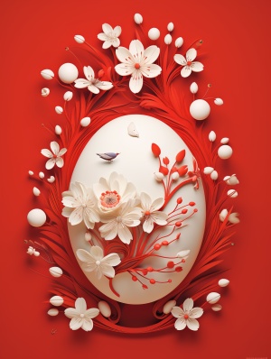 以红色为背景的手机壁纸艺术作品，展现一朵浮雕鸡蛋花。设计简约却充满春节的氛围，花的细节以红色为主，强调线条的流畅与简洁，兼具现代感和传统节日的象征意义，高清晰度，适合作为手机壁纸的艺术风格