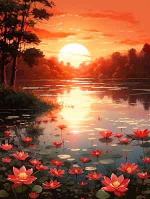 火红的鲜花下的中国插画风湖泊