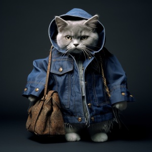 一只猫咪，拟人化，穿着牛仔外套，背着书包走秀