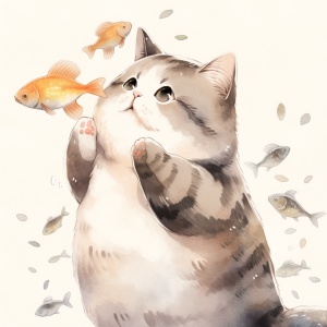 可爱小肥猫手拿鱼的治愈笑容插图-极简主义水彩画艺术
