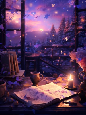 当日暮西沉，繁星点亮夜空，书桌前对谈日记之思绪。