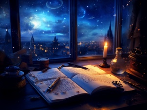 当日暮西沉，繁星点亮夜空，书桌前对谈日记之思绪。