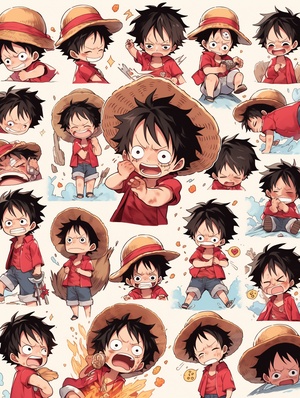 海贼王，One Piece，路飞，Monkey D. Luffy，chibi，Q版，全身，表情包，9个表情，开心，微笑，悲伤，严肃，表情符号表，各种姿势和表情，不同的情绪，各种poss和表情，8k